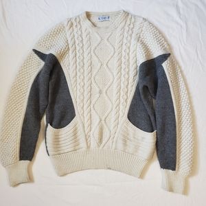 Irish Handknit Pure Wool Accento Crewneck Aran Sweater White/Black Size L